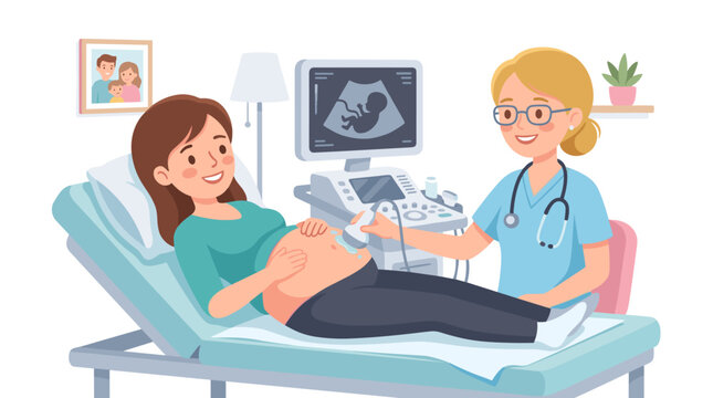 Joyful expectant mother undergoing a medical sonogram examination with a healthcare professional observing fetal development on