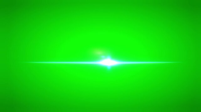 Anamorphic light streak shining horizontally with cyan illumination over an isolated green screen background in a 3D visual effect animation