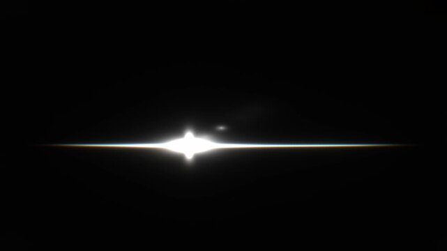 Anamorphic light streak glowing and shining horizontally across a dark black background with pure white radiance in a 3D visual effect animation