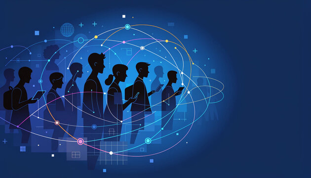 Diverse people silhouette technology network digital connection communication blue background global teamwork internet innovation modern abstract collaboration futuristic unity business data