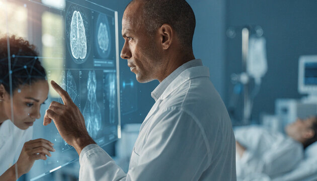 Doctor digital screen medical technology hospital healthcare brain scan analysis professional futuristic teamwork Doctor using digital screen to analyze brain scan modern hospital advanced