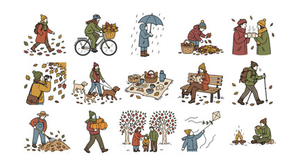 Fototapeta premium Set of cute autumn activities and people vector illustration