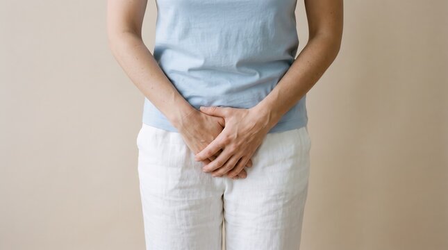 A person standing against a neutral background wearing a light blue t-shirt and white pants, holding their hands protectively or in pain over their lower abdomen, representing health issues.