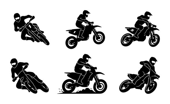 Black motocross riders in action, silhouettes on white background