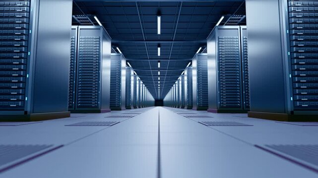 3D AI Data Center Infinite Walk Server Corridor Futuristic scene Loop
