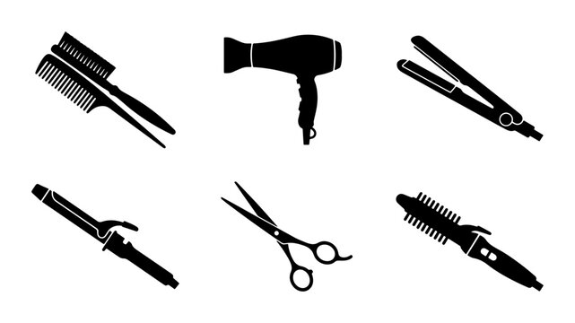 Black hairdresser tools icons, set of six, graphic design elements
