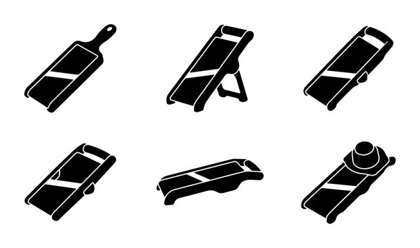 Black mandoline slicer icons, kitchen utensils, cooking and food