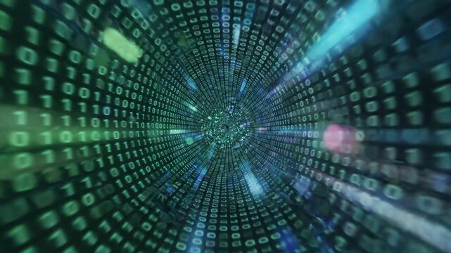 Dynamic binary code tunnel representing data flow, technology, and digital speed.