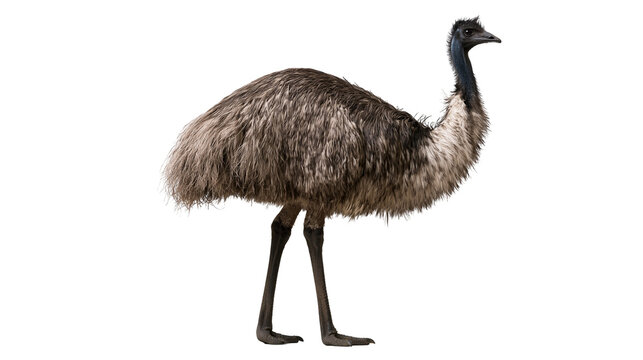 Full body profile of a standing Australian emu with brown shaggy plumage