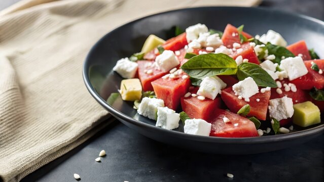 Refreshing summer salad features juicy watermelon and crumbled feta cheese, perfect for a light and healthy meal or snack