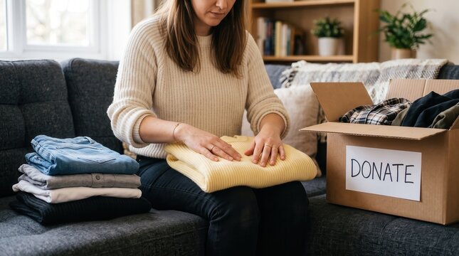A young woman sitting on a dark grey couch in a bright living room, carefully folding a light yellow sweater while sorting clothes into a cardboard donation box labeled with handwritten text.