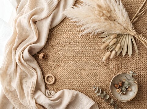 Boho flat lay background with pampas grass and muslin cloth