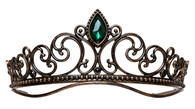 Antique bronze filigree tiara with a central marquise cut emerald green gemstone