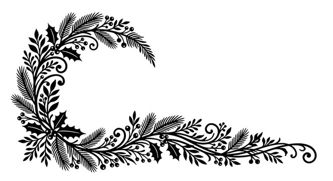 Elegant Christmas Corner Border Frame with Pine Branches, Holly Leaves, Berries and Swirls, Christmas Corner Border Vector Silhouette Illustration