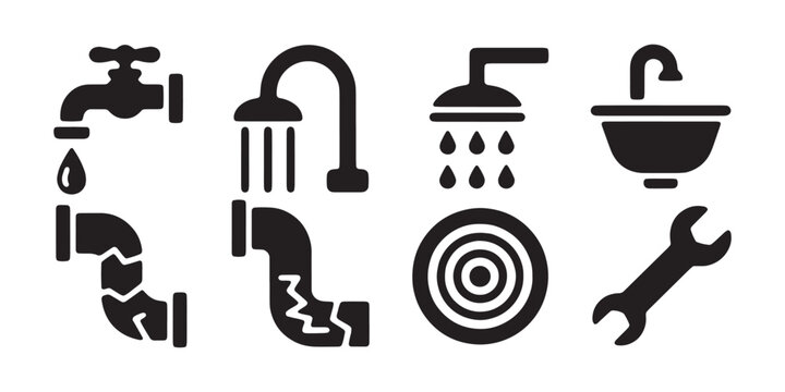 Plumbing service symbols featuring broken pipes leaky faucets and repair tools for home maintenance.