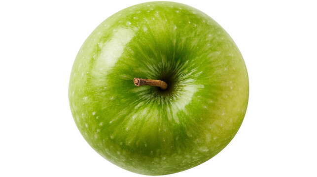 Fresh whole Granny Smith green apple with brown stem top view