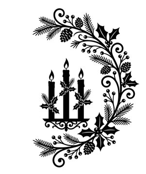 Christmas Candelabra Wreath with Pinecones, Holly Berries, Fir Branches, Three Taper Candles Silhouette Vector Illustration