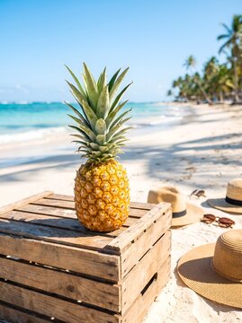 Fresh pineapple on a wooden crate at a tropical beach