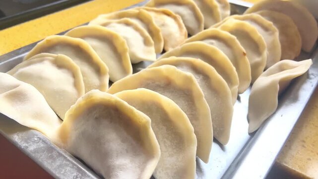 Fresh Handmade Dumplings Arranged in Rows on a Metal Tray