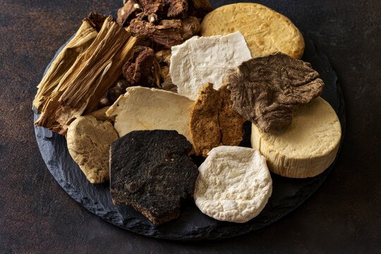 Assortment of dried Kazakh cheeses (Kurt) in different shapes and colors on a slate board
