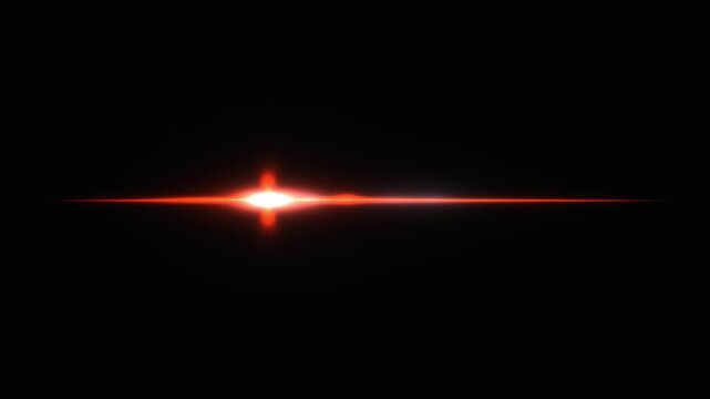 Anamorphic light streak glowing and shining horizontally across a dark black background with intense red radiance in a 3D visual effect animation