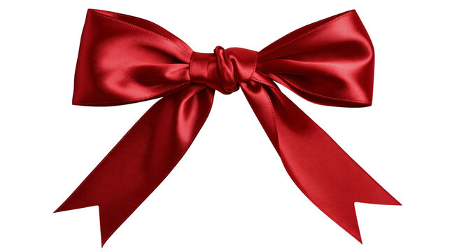 Deep red satin ribbon bow with knotted center and angled cut ends