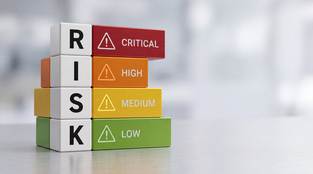 Risk management concept using colorful wooden blocks to display assessment levels from low to critical for business safety and financial evaluation.