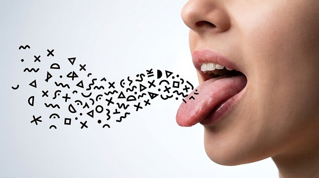 Stuttering Concept With Human Tongue Releasing Abstract Black Symbols
