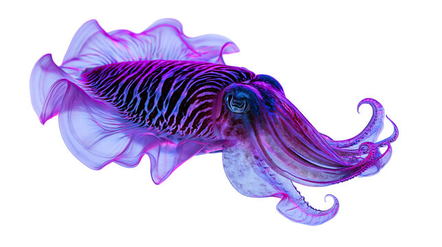 Vibrant purple and blue cuttlefish with flowing fins and detailed tentacles