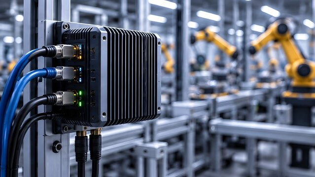 Industrial automation controller device with connected cables managing robotic assembly line in modern manufacturing factory