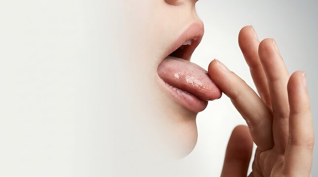Stuttering speech therapy concept with a finger touching a tongue close up