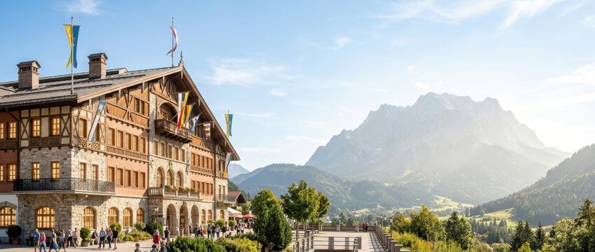 Alpine lodge building exterior with mountain view and sunny daylight
