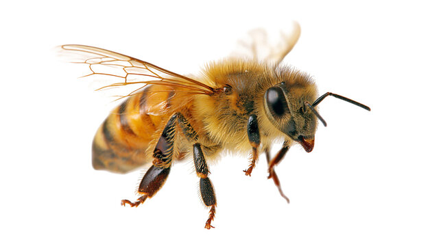 Detailed macro shot of a honey bee with translucent wings and fuzzy golden body