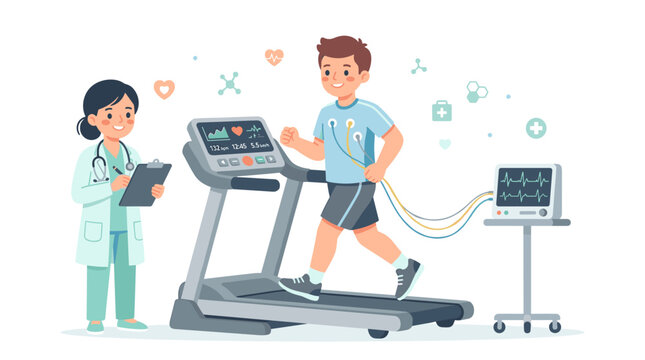 Cardiovascular stress test illustration with doctor monitoring patient on treadmill and ECG machine a perfect depiction of