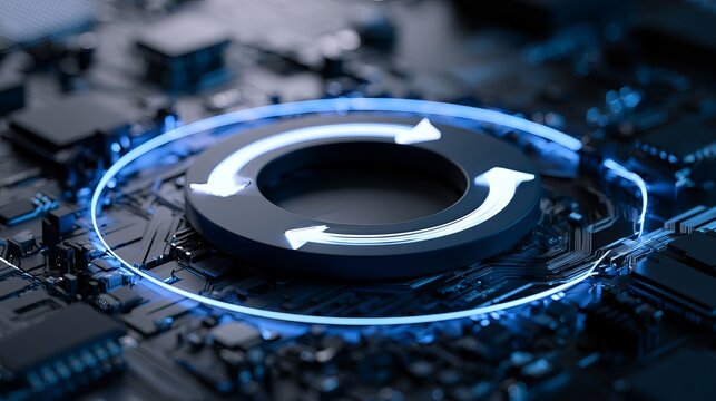 Glowing circular data flow animation highlights digital innovation and advanced processing within a complex computer circuit board, suggesting technological progress