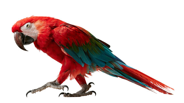 Vibrant red scarlet macaw parrot with green and blue wing feathers standing