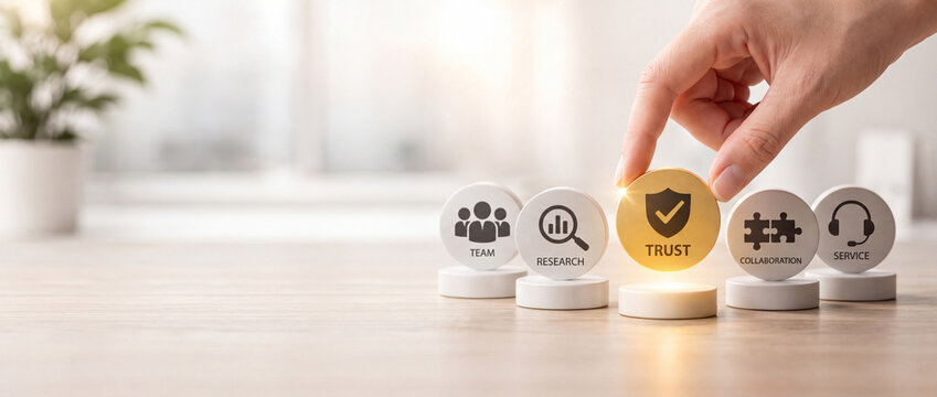 Close-up of hand selecting golden trust coin among white business value icons on wooden desk. Concept of leadership, ethics, and corporate core values.