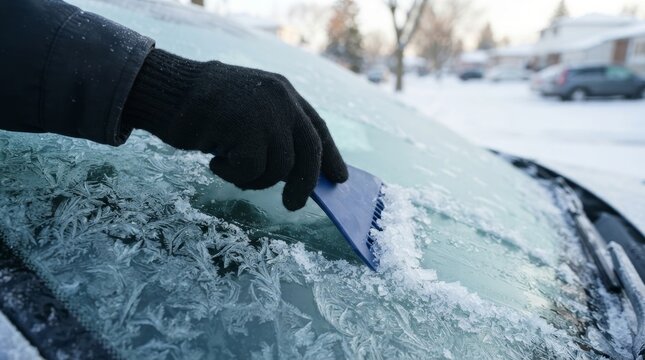 Man in black glove scraping frost and ice from car windshield with blue scraper. Frozen glass covered with ice crystals on cold winter morning in snowy street.
