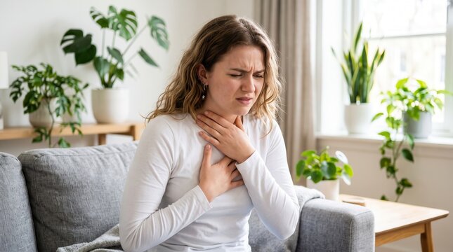 Young woman with blonde curly hair sitting on a grey sofa in a brightly lit modern living room, experiencing shortness of breath or sudden chest pain while clutching her throat and chest with worried.