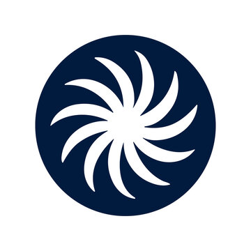 Navy Blue Circle With White Spiral Vortex - Abstract Pinwheel Motion Logo