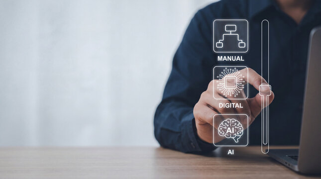Professional man adjusting virtual interface showing levels of manual, digital, and artificial intelligence transformation for business automation and future technology integration concept.