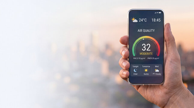 Hand holding smartphone displaying air quality index app with moderate pollution levels over blurred urban cityscape background, monitoring environmental health and atmosphere technology.