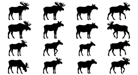 Fototapeta premium Moose Silhouettes Collection, Wildlife Animal Icons, Forest Mammal Vector Graphics, Natural Habitat Wildlife, Hunting and Outdoors Design Elements