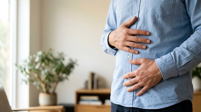 Gastric Pain Concept With Person Holding Stomach In Blue Shirt Indoors