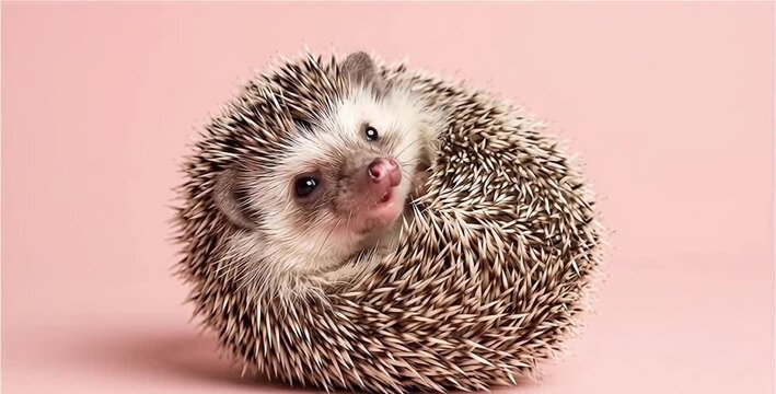 Cute hedgehog yawning and smiling on pink background