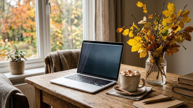 Laptop with hot cocoa and marshmallows on rustic wooden table near window with autumn foliage. Cozy fall home office with yellow leaves in vase, blanket and books.