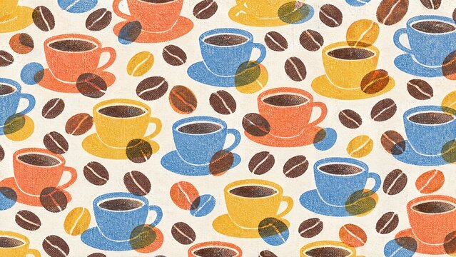 Colorful coffee cups and beans risograph pattern