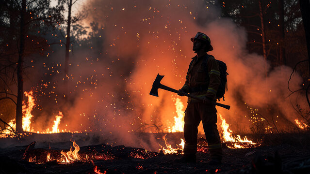 Firefighter holding axe in burning forest with smoke, emergency response and disaster rescue