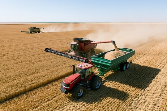 The Combine Harvester in a Vast Golden Wheat Field Harvesting Under a Clear Sky