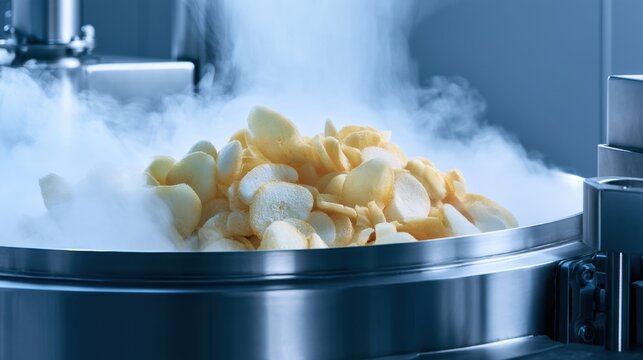 Setup operates in a cleanroom atmosphere to freeze-dry pear slices using nitrogen vapor for preservation in an industrial setting.